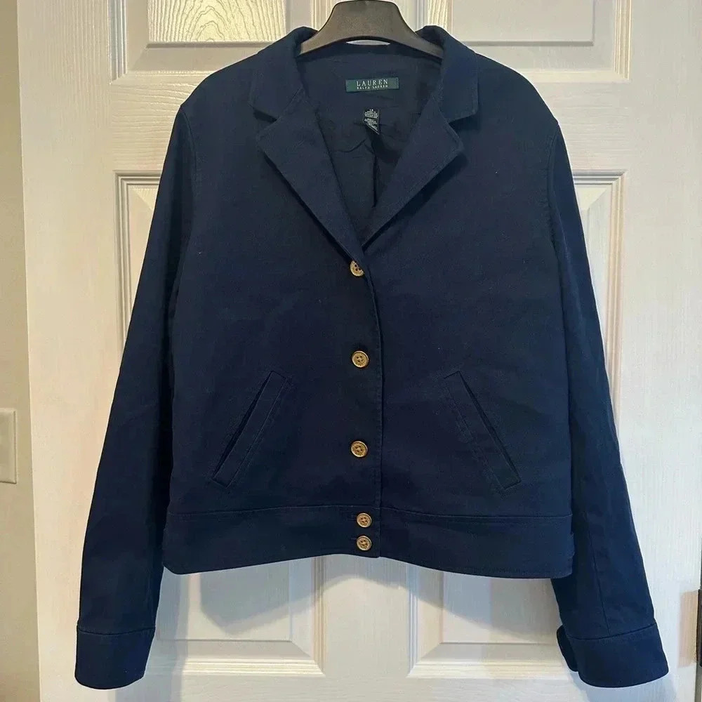 Lauren Ralph Lauren Navy Copped Jacket With Gold Detailing Size 14